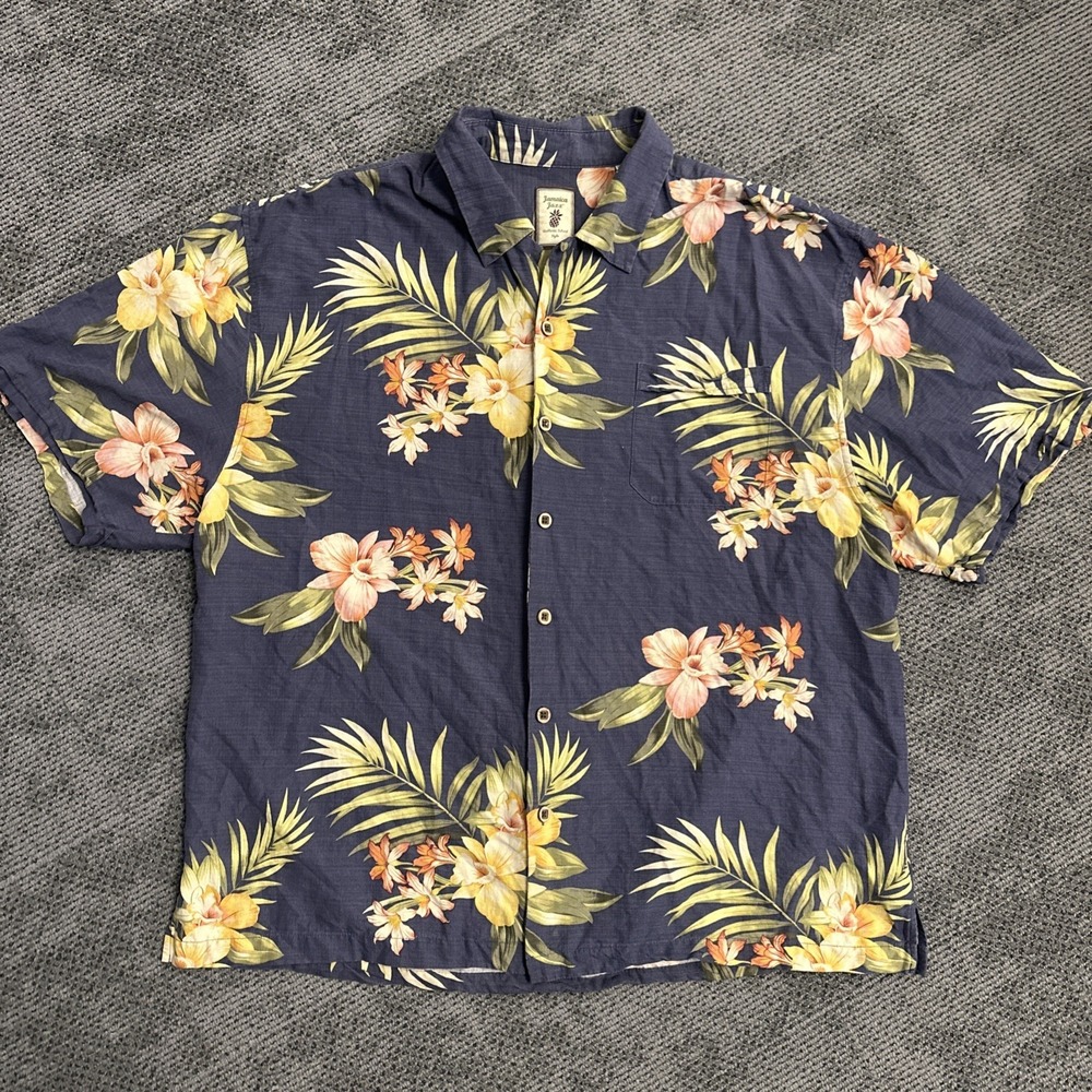 Jamaica Jaxx Mens XXL 100% Silk Tropical Floral Palm Leaf Camp Shirt Navy Blue